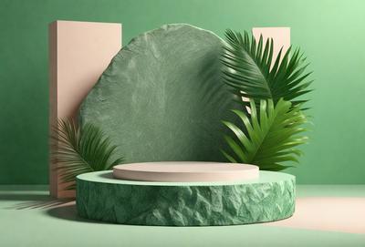 The primary subject of the image is a large, round, stone-like structure with a green surface. The setting is a lush green environment, possibly a tropical or jungle-like area. The visual style appears to be a combination of photo and digital art, creating a unique and intriguing scene. The colors and mood of the image are predominantly green, which adds to the natural and serene atmosphere of the scene.